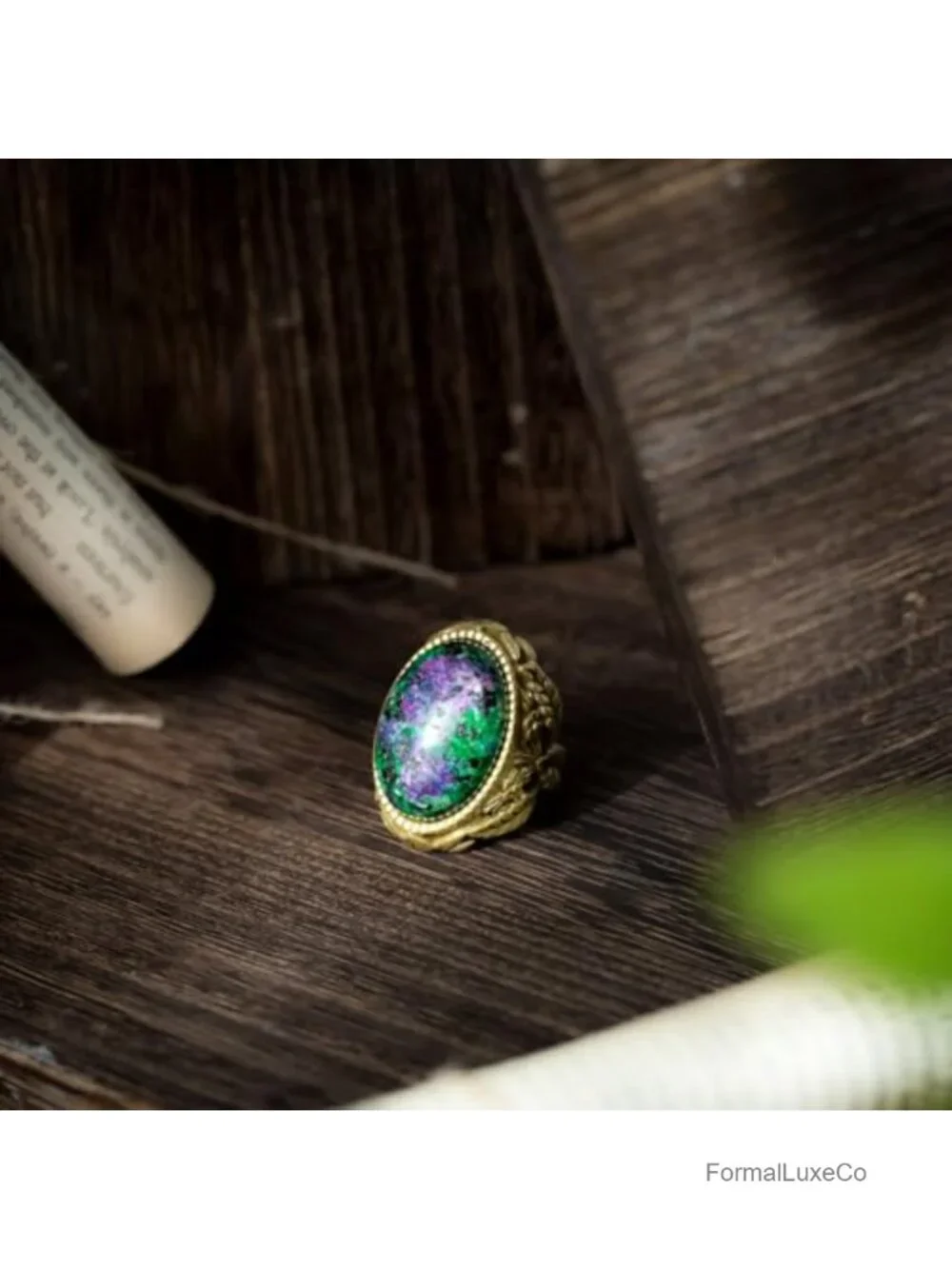 Vintage Palace Style Adjustable Open Ring, Antique Brass Chunky Turquoise